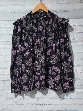 Loft Medium Peasant Top Prairie Blouse Mock Neck Paisley Long Sleeve Office